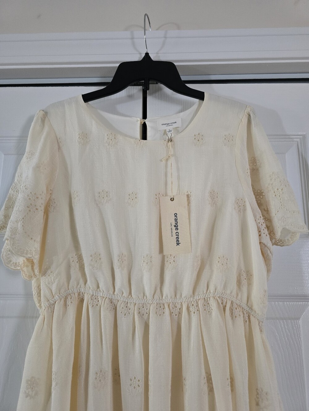 Women's Embroidery Romantic Puff Short Sleeve Rayon Cream Midi Dress Size L - Picture 7 of 17